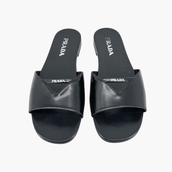 Prada Black Leather Triangle Logo Cutout Mule Slide Sandal Flat Size 39.5 US 9.5 - Picture 3 of 15